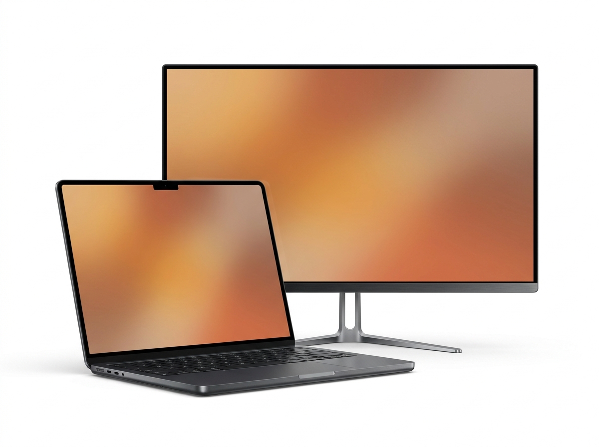 An open laptop and a desktop monitor set up side by side on a desk.