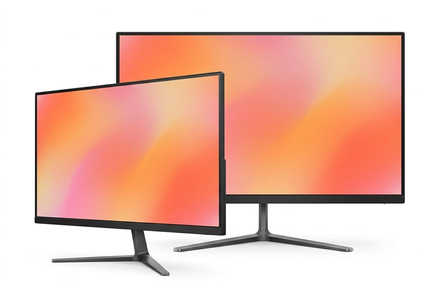 Three slim bezel-less monitors clustered in an overlapping arc.