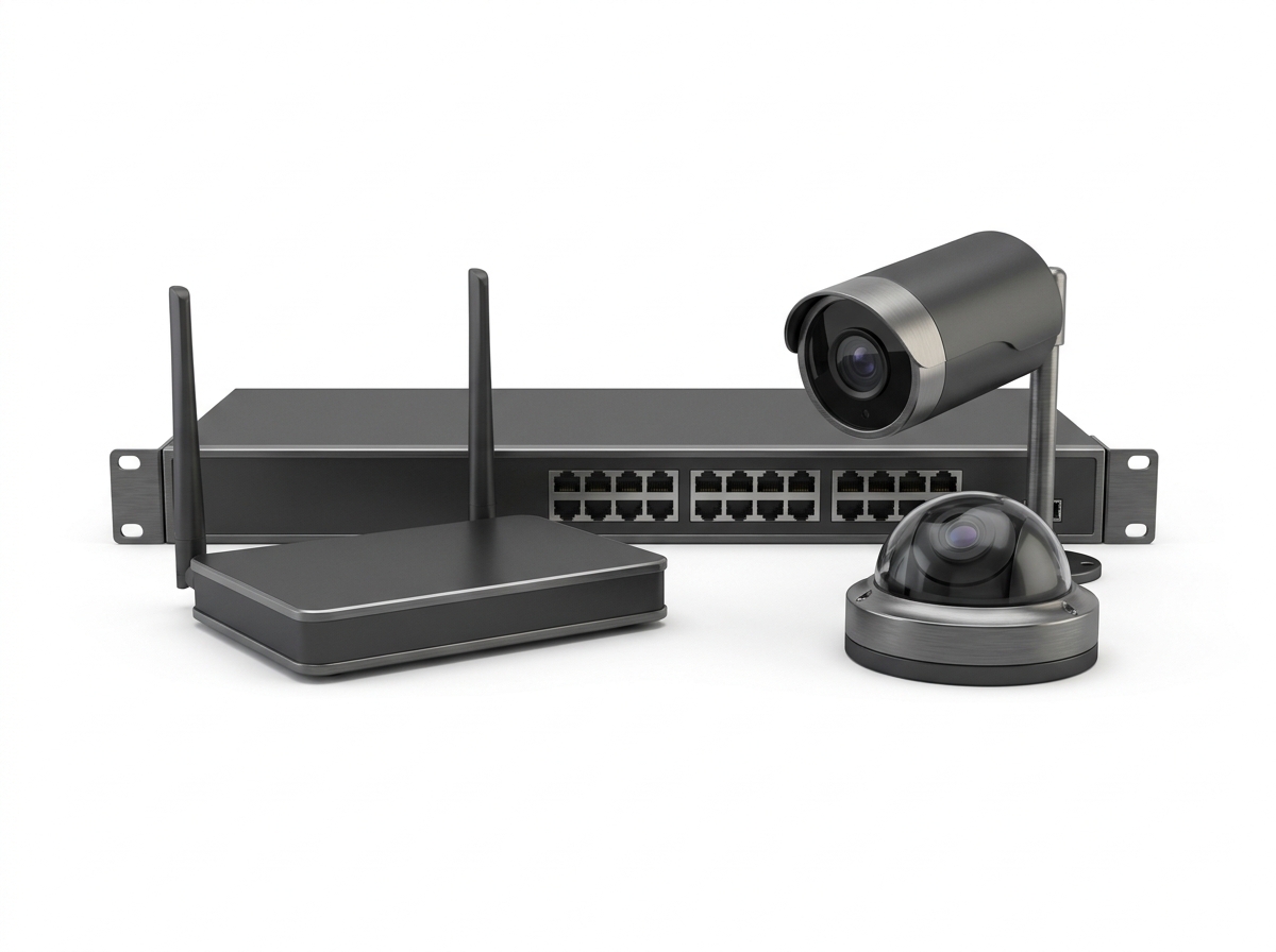 Network switches patched with cabling beside a mounted security camera.