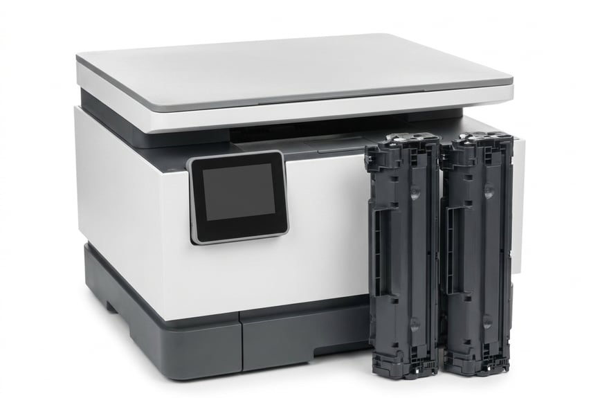 An office multifunction printer at a three-quarter angle with a blank sheet in the output tray.