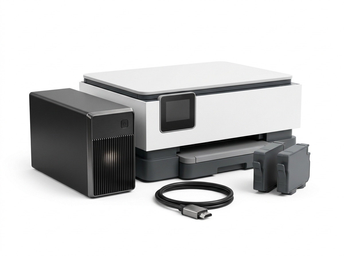 An office printer alongside a UPS unit and assorted cables and peripherals.